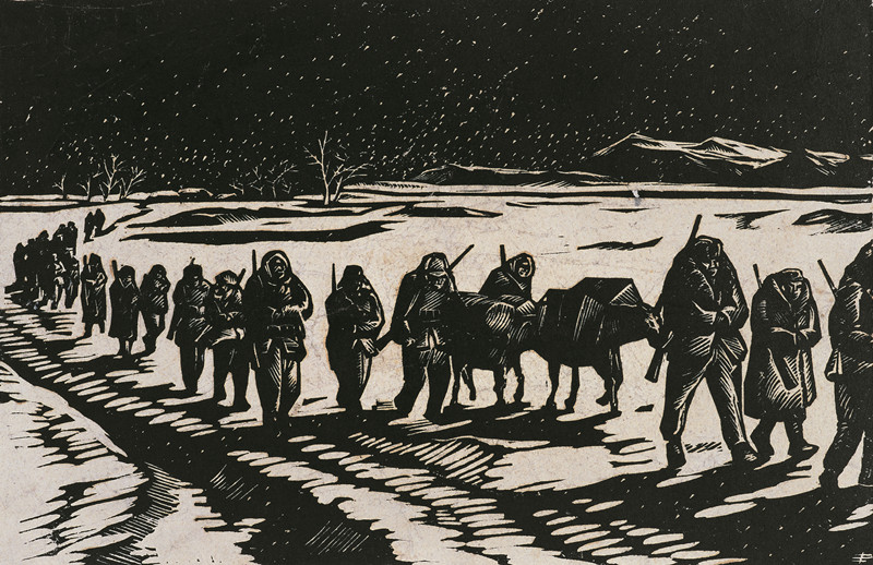 在冰天雪地中的东北义勇军 丰中铁 1937 单色木版 15.5X23.8cm 中国美术馆藏(1)_副本.jpg 在冰天雪地中的东北义勇军 丰中铁 1937 单色木版 15.5X23.8cm 中国美术馆藏(1)_副本.jpg